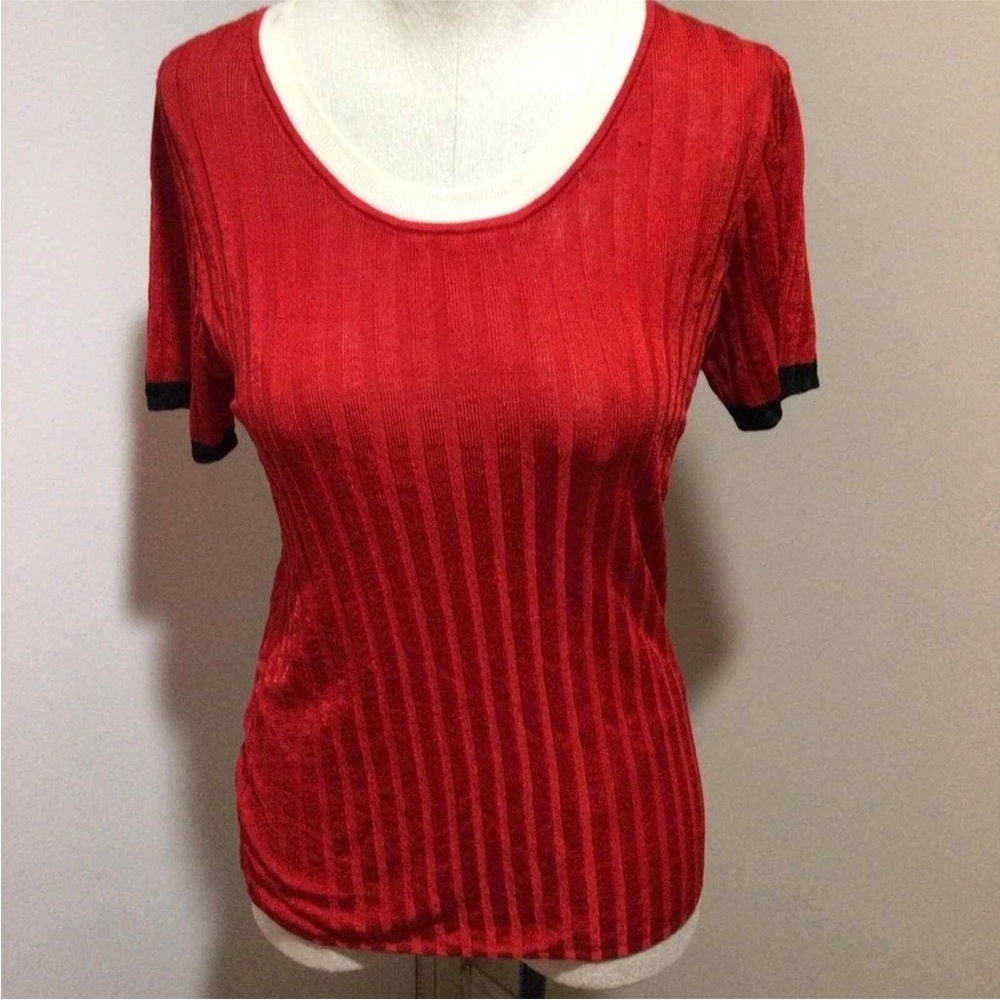 Sandro Red Ribbed Top Tee Short Sleeve Pullover Small - Picture 2 of 16